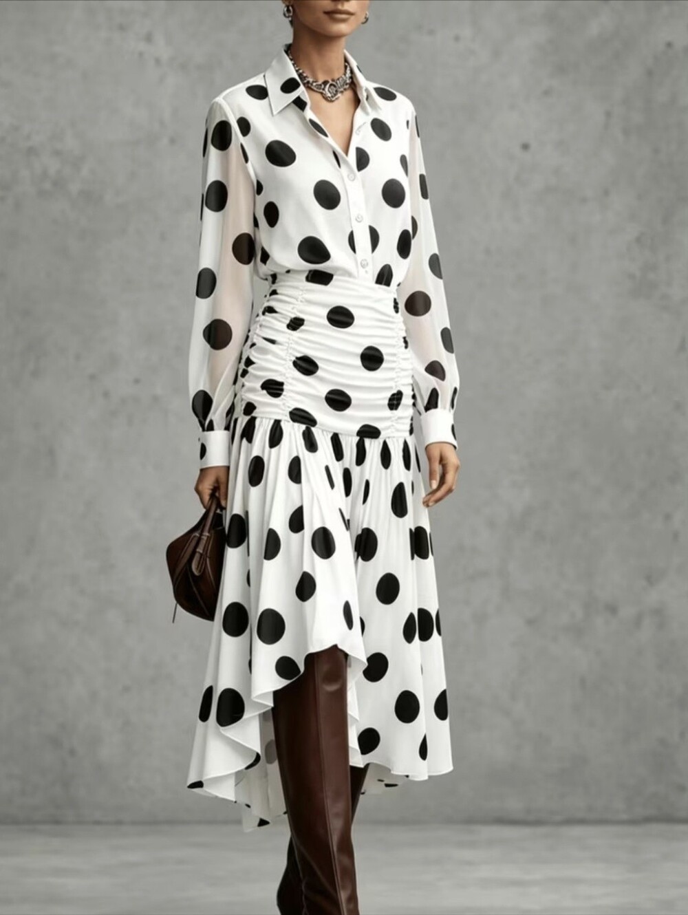 Sheer Long-Sleeve Shirt + High-Waist Ruched Irregular Wrap Skirt 2pcs Set